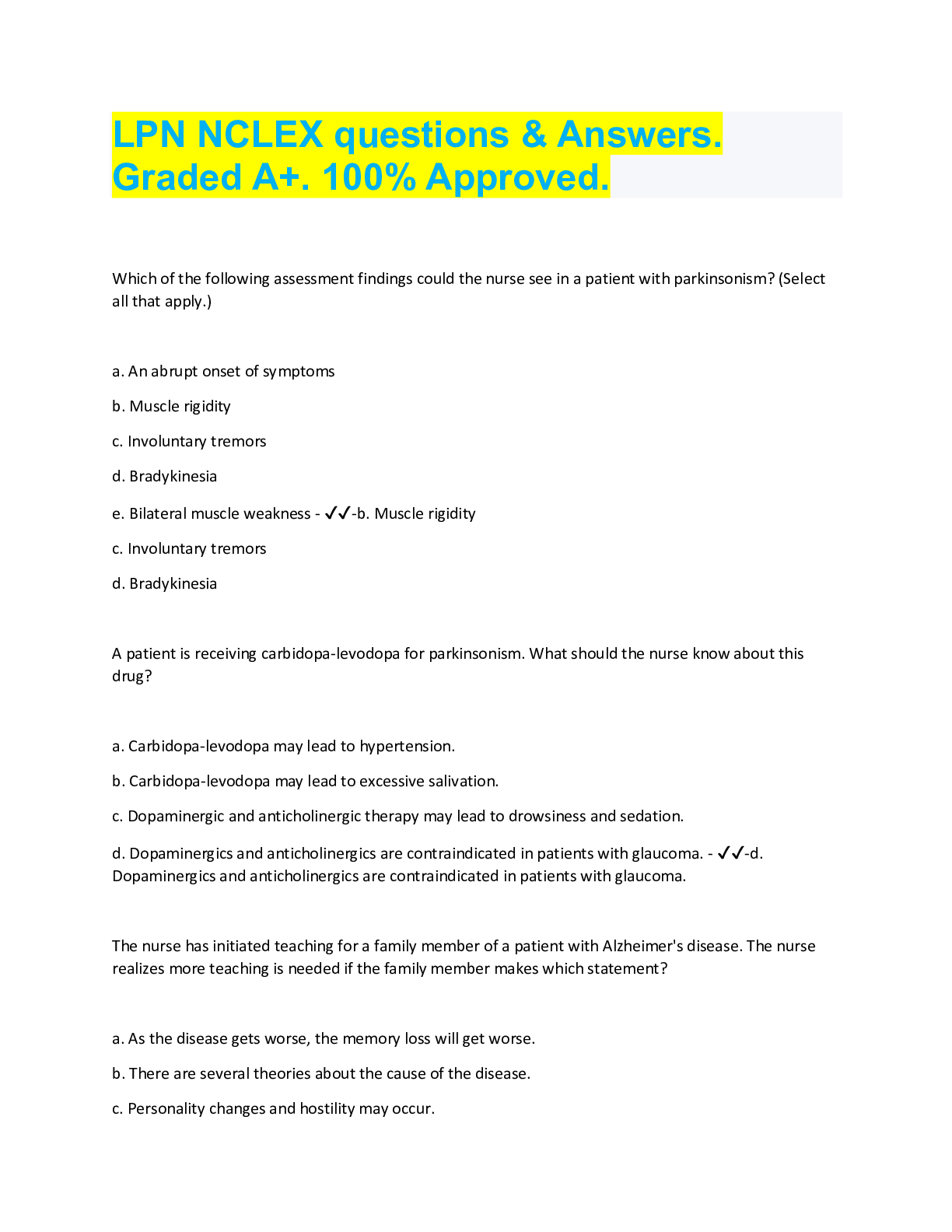 Preview image for LPN NCLEX questions & Answers.  Graded A+. 100% Approved.